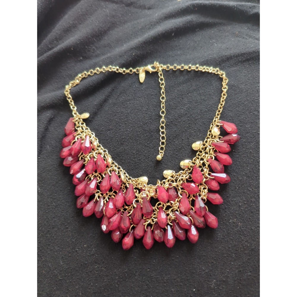 Vintage Gold Toned Bib Necklace With Dark Pink Beads - Stamped NY